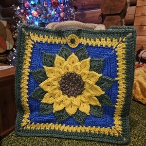 Sunflower Crochet Tote Bag - Green, Blue, and Yellow